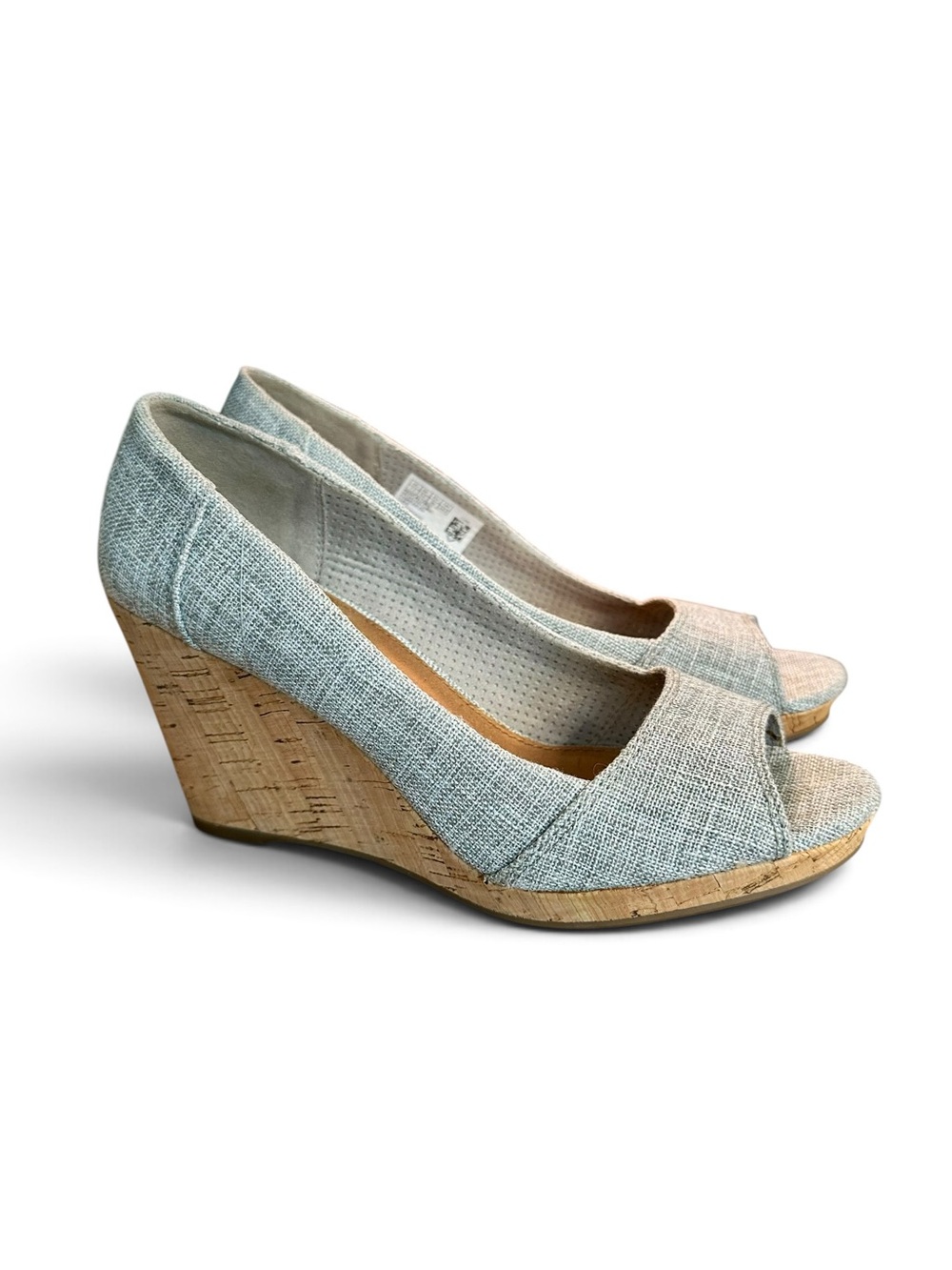Toms Light Gray Linen Peep-Toe Cork Wedge Heels